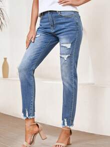 Women's Frayed Edge Denim Pants With Multiple Front Buttons And Pockets, Suitable For Daily Casual Wear