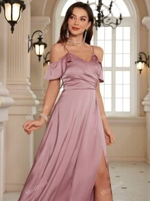 Cold Shoulder Solid Split Thigh Women Prom Dresses