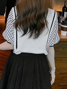 Contrast Color Striped Loose Casual Street Style Short Sleeve Knit Top, Summer White - White - View 5