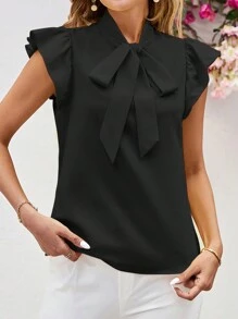 SHEIN Clasi 女士蝴蝶结缎带盖袖优雅衬衫、无袖上衣 - 黑色 - 查看 4