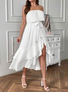 SHEIN Clasi Vestido bandeau de talla grande con bajo de volantes y parches - Blanco - Ver 6
