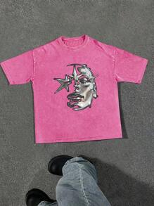 Manfinity EMRG Loose Fit Men's Figure And Star Print Drop Shoulder T-Shirt - Hot Pink - View 1