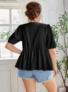 SHEIN Clasi 正面系带泡泡袖荷叶边衬衫荷叶边上衣