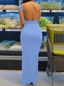 INAWLY Solva Ladies' Solid Color Backless Bodycon Summer Dress - Baby Blue - View 3