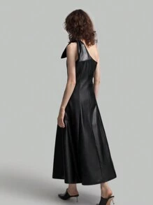 Ontre Women Asymmetrical Shoulder Swing Dress, Autumn Casual Dress For Party, Back To School Outfit - Black - View 2