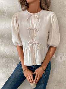 SHEIN Clasi Women's Summer Front Tie Short Puff Sleeve Peter Pan Collar Top With Ruffle Hem Back To School Shirts