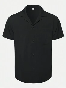 男士纽扣式短袖纹理衬衫，休闲海滩瓜亚贝拉领夏季度假装 - 黑色 - 查看 4
