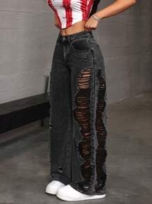 SHEIN ICON High Waist Solid Ripped Wide Leg Jeans - Black - View 4