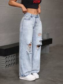 SHEIN EZwear Women's Casual Loose-Fit Wide-Leg Denim Pants With Distressed Pockets - Light Wash - View 4