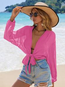 Swim Vcay Tie Front Drop Shoulder Kimono For Summer Beach - Hot Pink - View 5