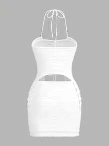 SHEIN ICON Y2K夏日性感白色紋理，串珠肩帶不對稱下擺吊帶背心和低腰迷你裙套裝 - 白色 - 查看 3