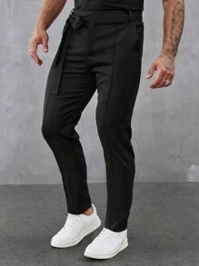 Manfinity Homme Men's Plain Belted Suit Trousers For Work, Simple Style For Ceremony Formal - Black - View 3