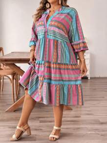 SHEIN CURVE+ Plus Size Kỳ nghỉ & Đơn giản Đầm cổ đứng có tay dáng ngắn thanh lịch, họa tiết chắp vá nhiều lớp, Xuân/Hè - Z - Nhiều màu - Xem 4