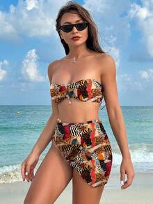 Women's Summer Beach Random Printed Bikini Set 3pcs/Set - Black - View 4
