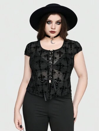 Goth Sexy Gothic Cross Flocked Open Front Asymmetrical Hem Plus Size Women's Top With Sheer Panel And Tie-Up Details