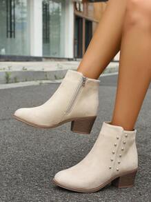 Side Zipper Rivet Thick Heel Round Toe Versatile Casual Ladies Ankle Boots & Short Boots - Beige - View 2