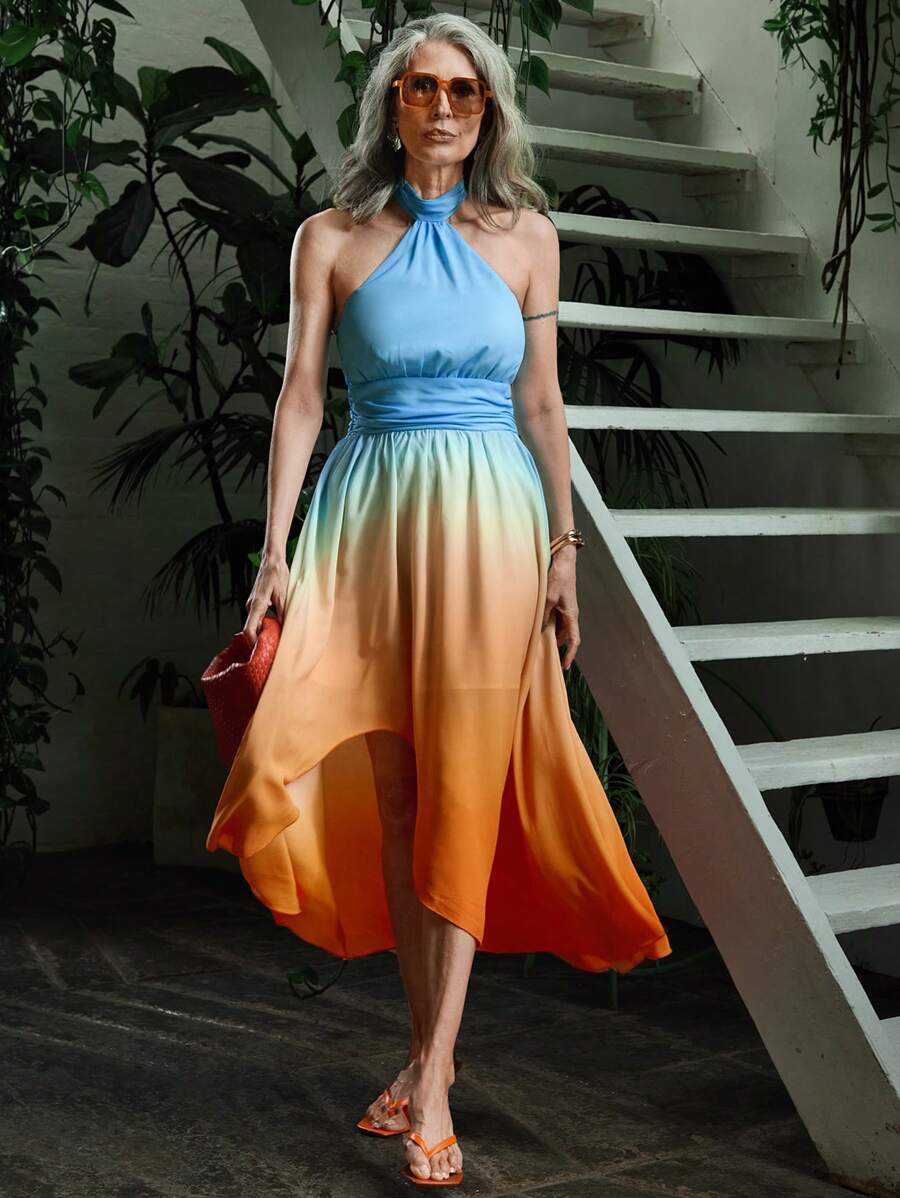 SHEIN LUNE Fall Blue And Orange Gradient Print Back Tie Chiffon Ruched Asymmetric Flowing Big Hem Sleeveless Women's Party Gala Cocktail Dress - Multicolor - View 1