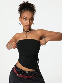 SHEIN EZwear Women's Black Strapless Split Slim Fit Crop Tube Top - Black - View 7