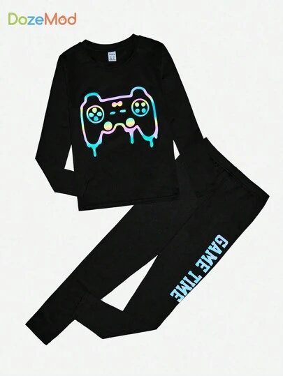 SHEIN Tween Boy Reflekterande Gamepad & Letter Graphic Snug Fit PJ Set