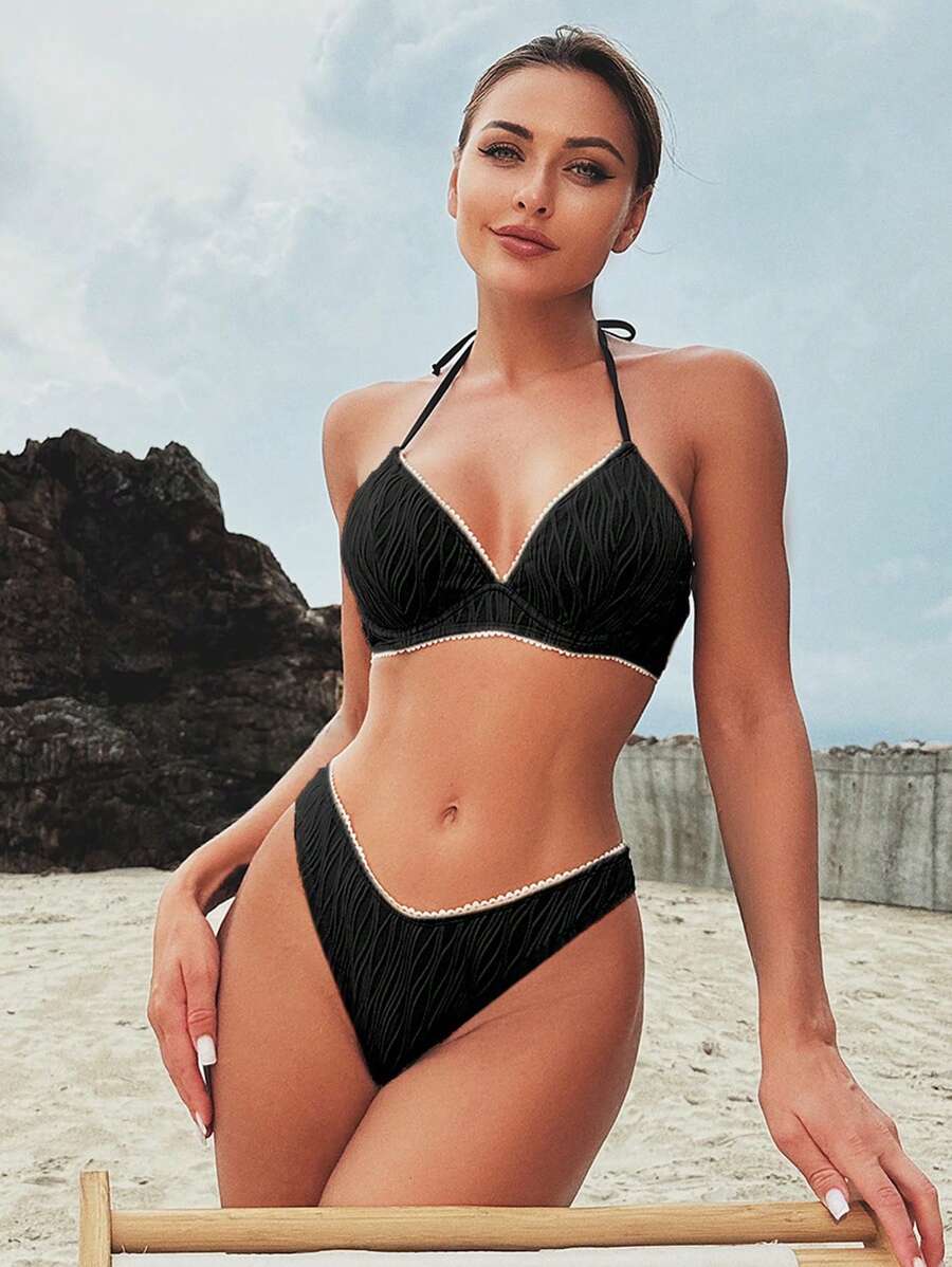 SHEIN Swim Women's Summer Beach Color Block Halter Strap Sexy Bikini Set With Underwire - Black - View 1