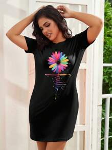 Plus Size Women's Fashionable Colorful Sunflower Print Casual Summer Dress - Black - View 5