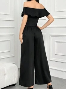 Seusyu Áo trễ vai bèo nhún và quần ống rộng cho nữ, màu đen, bộ 2 món mùa hè - màu đen - Xem 5