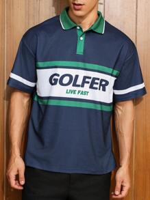 Manfinity Campus Court Aesthetic Post--Loose-Fit Men's Letter Printed Polo Shirt With Contrast Collar And Drop Shoulder Design - Multicolor - View 4