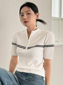 Dazy-Less Women's Zipper Half Placket Striped Short Sleeve Business Casual Knit Top Old Money Style - White - View 7