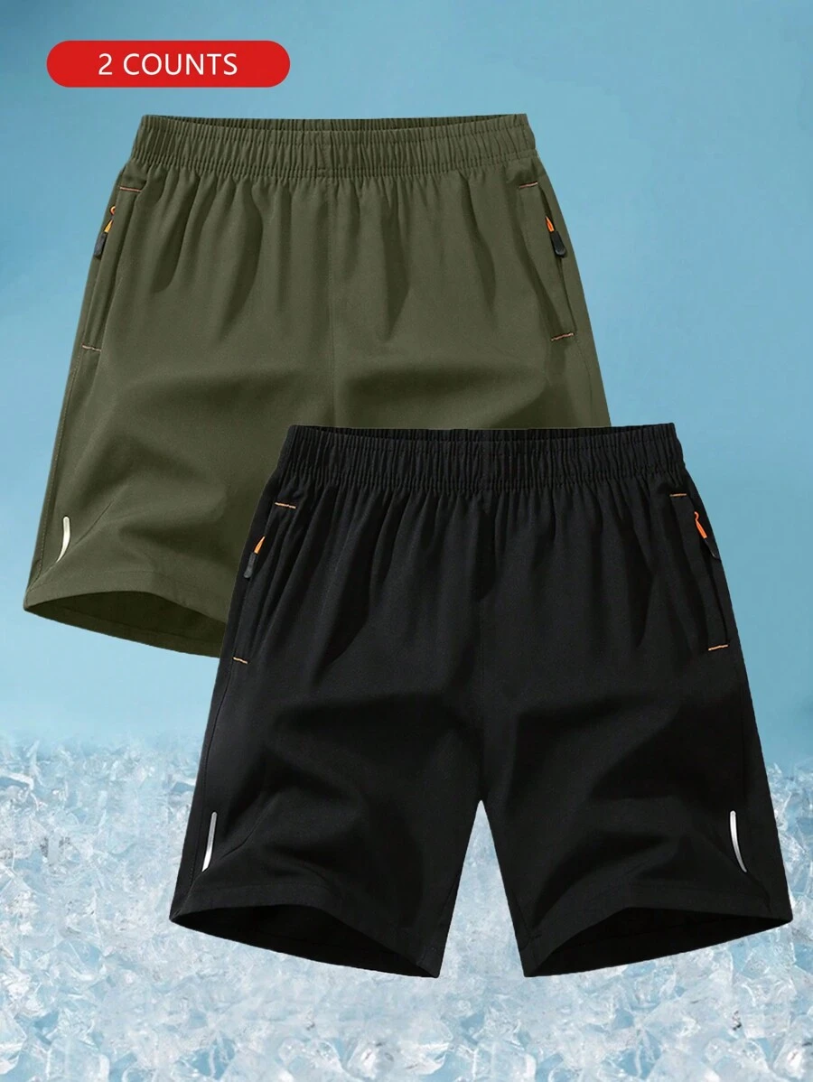 Men's Black + Army Green Elastic Waist Zipper Pocket Casual Shorts, Breathable - Black - View 1