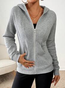 SHEIN Essnce Women's Casual Fashion Grey Slim Fit Regular Hooded Long Sleeve Coat Zip Up Women Hoodie Essentials Hoodie Women Tracksuit Workout Jacket Fall Women Clothes - Grey - View 6