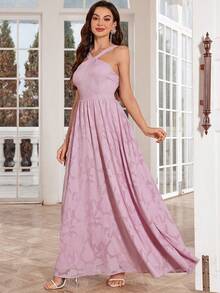 Slim Fit A-Line Floral Long Evening Dress - Dusty Pink - View 4