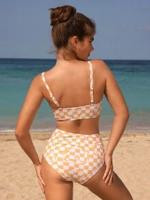 SHEIN Swim Women's Summer Beach Checker Printed Sexy Two-Piece Bikini Set