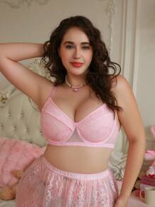PetitDoll Plus Size Pink Lace Lingerie Bra With Medium Support - Baby Pink - View 4