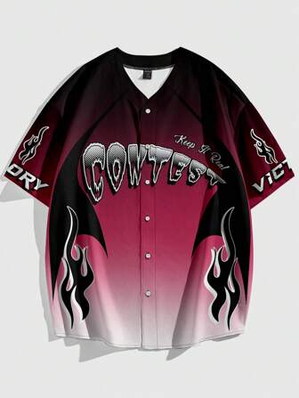 Herren Sommer V-Ausschnitt Kurzarmshirt mit Buchstaben-Muster und lockerer Passform