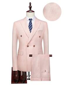 Manfinity Mode Men's Rress Suit Set With Lapel Buttoned Pocket Formal Jacket And Slim Fit Business Commute Trousers - Pink - View 1
