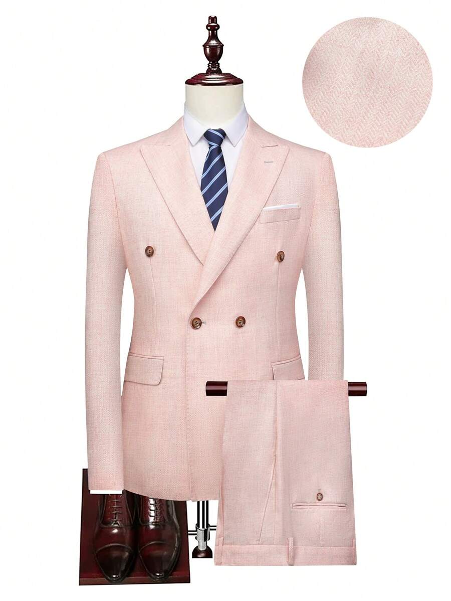 Manfinity Mode Men's Rress Suit Set With Lapel Buttoned Pocket Formal Jacket And Slim Fit Business Commute Trousers - Pink - View 1