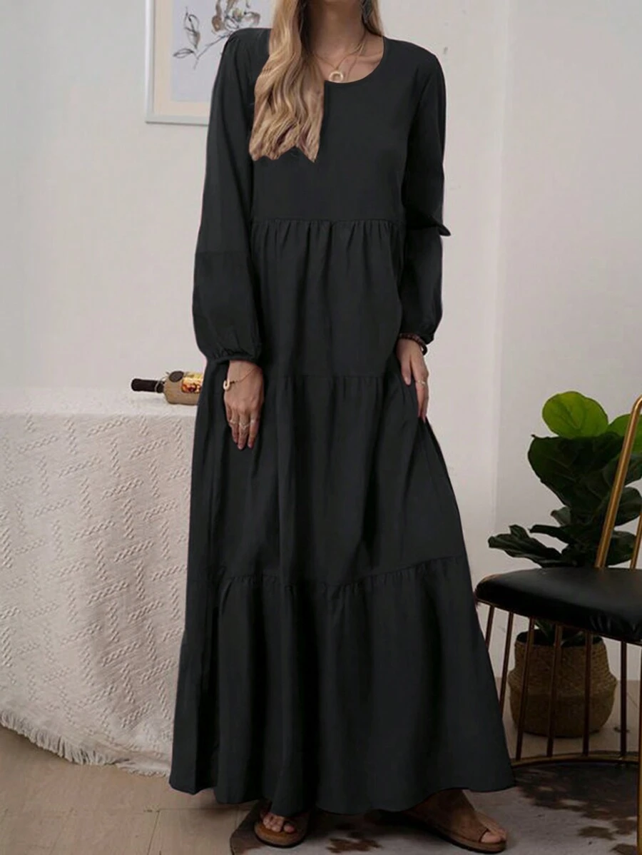 Chiquease Của phụ nữ Màu thuần Dài Tay áo lồng đèn Đầm Midi - màu đen - Xem 1