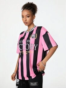 Coolane 女士 Blockcore 粉色时尚条纹图案 V 领足球球衣 T 恤