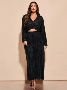 SHEIN BAE 大碼黑色扭結前飄蕩袖襯衫式褶皺短上衣加寬腳褶皺褲兩件式休閒裝套裝，適用於假期約會 - 黑色 - 查看 1