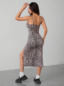 SHEIN PETITE 秋季豹紋性感高衩中長吊帶連衣裙 - 卡其色 - 查看 2