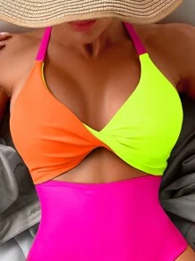 SHEIN Swim Traje de baño de una pieza casual de bloque de color rosa neón amarillo naranja, traje de baño de una pieza para mujer - Rosa Fucsia - Ver 3