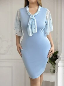 SHEIN Clasi 大尺碼女士針織和雪紡拼接連衣裙 - 藍色 - 查看 6