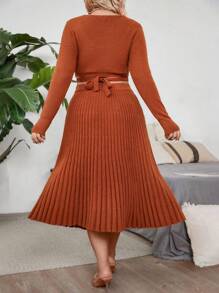 SHEIN Unity Plus Size Fashionable Ribbed Top & Split Skirt Knitwear Set, Fall Two Pieces Outfit - Brown - View 2