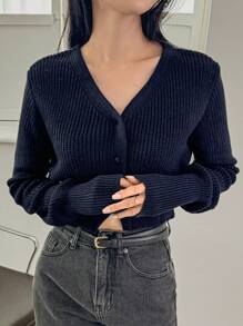 Dazy-Less 纯色纽扣前短款开衫，长袖上衣，老款风格 - 藏蓝色 - 查看 12