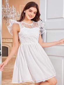 SHEIN Teen Girl Embroidered Mesh Splice Chiffon Swing Dress With V Neck Back And Short Flutter Sleeves - White - View 9