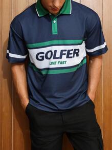 Manfinity Campus Court Aesthetic Post--Loose-Fit Men's Letter Printed Polo Shirt With Contrast Collar And Drop Shoulder Design - Multicolor - View 3