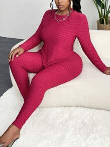 Slaydiva Casual Basic Women's Plus Size Pineapple Grid Texture Knit Slim Fit Sports & Leisure Two-Piece Outfit Set - Burgundy - View 8