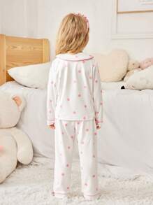 2 件装少女简约白色和粉色波尔卡圆点印花睡衣套装、长裤和长袖上衣、休闲睡衣 - 彩色 - 查看 2