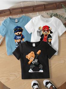SHEIN 3pcs ModeFlare Wear Cool Bears Baby Boy Casual Simple Cartoon Pattern Short Sleeve Round Neck T-Shirt, Summer