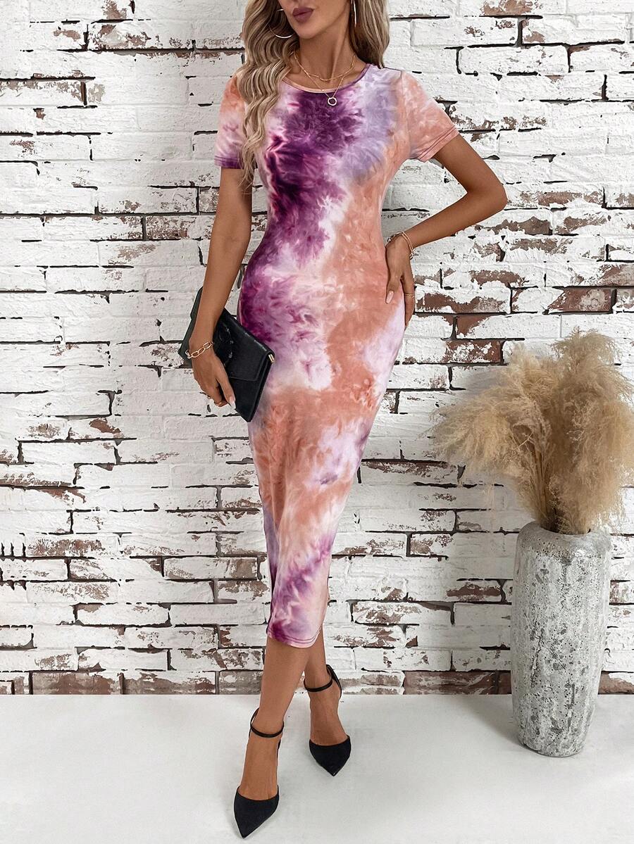 SHEIN Clasi Vestido turquesa elegante de mujer con corte ajustado y diseño abstracto impreso - Morado - Ver 1